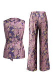 2 Piece Navy Pink Floral V-Neck Long Prom Suits with Belt