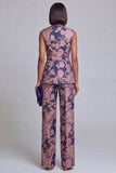 2 Piece Navy Pink Floral V-Neck Long Prom Suits with Belt