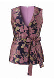 2 Piece Navy Pink Floral V-Neck Long Prom Suits with Belt