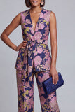 2 Piece Navy Pink Floral V-Neck Long Prom Suits with Belt