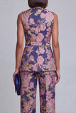 2 Piece Navy Pink Floral V-Neck Long Prom Suits with Belt