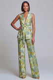 2 Piece Navy Pink Floral V-Neck Long Prom Suits with Belt