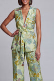 2 Piece Navy Pink Floral V-Neck Long Prom Suits with Belt