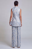 2 Piece Dusty Blue Floral Peak Lapel Double Breasted Prom Suits