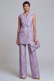 2 Piece Dusty Blue Floral Peak Lapel Double Breasted Prom Suits