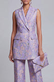 2 Piece Dusty Blue Floral Peak Lapel Double Breasted Prom Suits