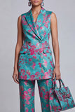 2 Piece Dusty Blue Floral Peak Lapel Double Breasted Prom Suits