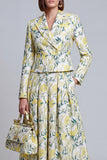 Ivory Yellow Flower Peak Lapel Single Breasted Blazer Dress with Pockets