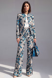 Dark Blue Floral 2 Piece Slim Fit Prom Suits with Sleeves