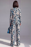 Dark Blue Floral 2 Piece Slim Fit Prom Suits with Sleeves