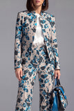 Dark Blue Floral 2 Piece Slim Fit Prom Suits with Sleeves