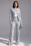 Dark Blue Floral 2 Piece Slim Fit Prom Suits with Sleeves