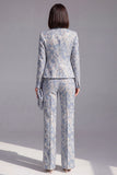 Dark Blue Floral 2 Piece Slim Fit Prom Suits with Sleeves