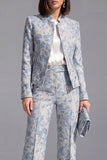 Dark Blue Floral 2 Piece Slim Fit Prom Suits with Sleeves