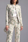 Dark Blue Floral 2 Piece Slim Fit Prom Suits with Sleeves