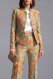 Dark Blue Floral 2 Piece Slim Fit Prom Suits with Sleeves