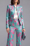Dark Blue Floral 2 Piece Slim Fit Prom Suits with Sleeves