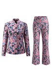 Dark Blue Floral 2 Piece Slim Fit Prom Suits with Sleeves
