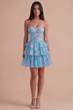 Blue Floral Corset Ruffled Strapless Short Cocktail Dress