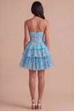 Blue Floral Corset Ruffled Strapless Short Cocktail Dress