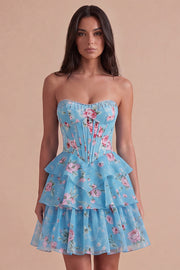Blue Floral Corset Ruffled Strapless Short Cocktail Dress