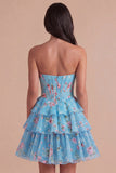 Blue Floral Corset Ruffled Strapless Short Cocktail Dress