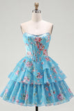 Blue Floral Corset Ruffled Strapless Short Cocktail Dress