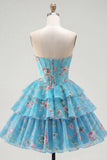 Blue Floral Corset Ruffled Strapless Short Cocktail Dress
