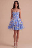 Blue Floral Corset Ruffled Strapless Short Cocktail Dress
