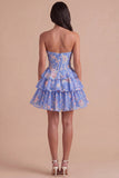 Blue Floral Corset Ruffled Strapless Short Cocktail Dress