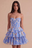 Blue Floral Corset Ruffled Strapless Short Cocktail Dress