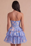 Blue Floral Corset Ruffled Strapless Short Cocktail Dress