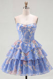 Blue Floral Corset Ruffled Strapless Short Cocktail Dress