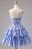 Blue Floral Corset Ruffled Strapless Short Cocktail Dress