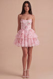 Blue Floral Corset Ruffled Strapless Short Cocktail Dress