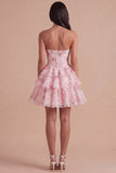 Blue Floral Corset Ruffled Strapless Short Cocktail Dress
