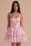 Blue Floral Corset Ruffled Strapless Short Cocktail Dress