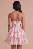 Blue Floral Corset Ruffled Strapless Short Cocktail Dress