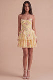 Blue Floral Corset Ruffled Strapless Short Cocktail Dress