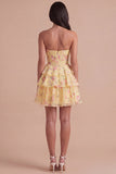 Blue Floral Corset Ruffled Strapless Short Cocktail Dress