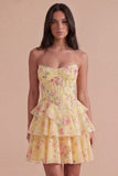Blue Floral Corset Ruffled Strapless Short Cocktail Dress