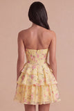 Blue Floral Corset Ruffled Strapless Short Cocktail Dress