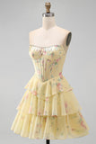 Blue Floral Corset Ruffled Strapless Short Cocktail Dress