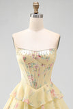 Blue Floral Corset Ruffled Strapless Short Cocktail Dress