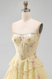 Blue Floral Corset Ruffled Strapless Short Cocktail Dress