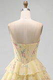 Blue Floral Corset Ruffled Strapless Short Cocktail Dress