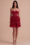 Sparkly Burgundy A Line Tiered Sequined Corset Short Cocktail Dress