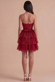 Sparkly Burgundy A Line Tiered Sequined Corset Short Cocktail Dress