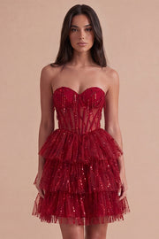 Sparkly Burgundy A Line Tiered Sequined Corset Short Cocktail Dress