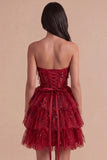 Sparkly Burgundy A Line Tiered Sequined Corset Short Cocktail Dress